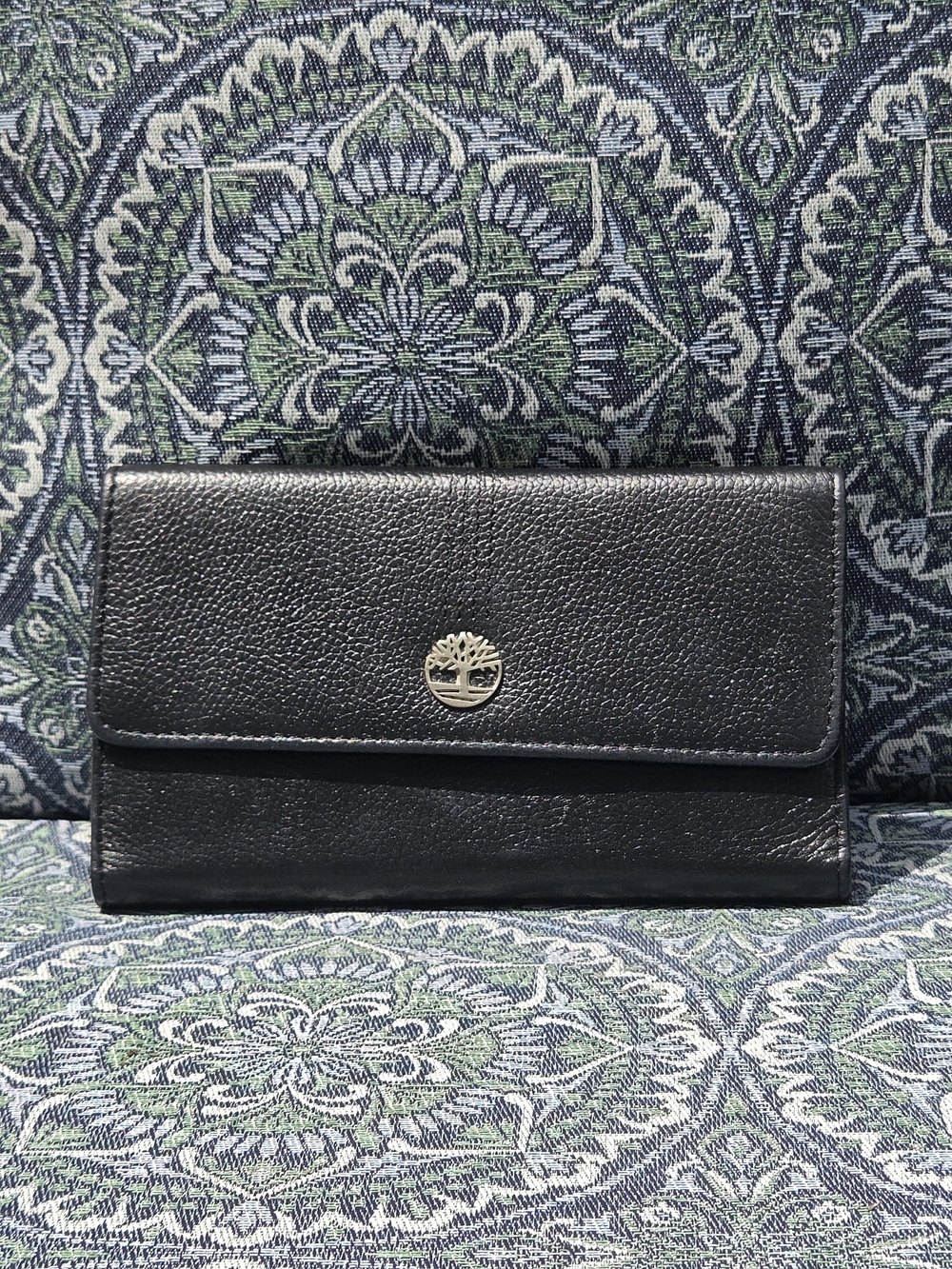 Timberland Black Pebbled Leather Flap Wallet with Tree Emblem